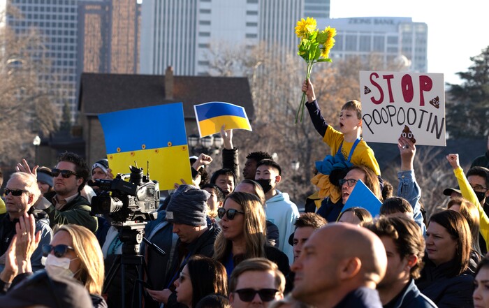 (Rick Egan | The Salt Lake Tribune) More than 1000 protesters gather at the Capitol for a rally in support of Ukraine, on Monday, Feb. 28, 2022.