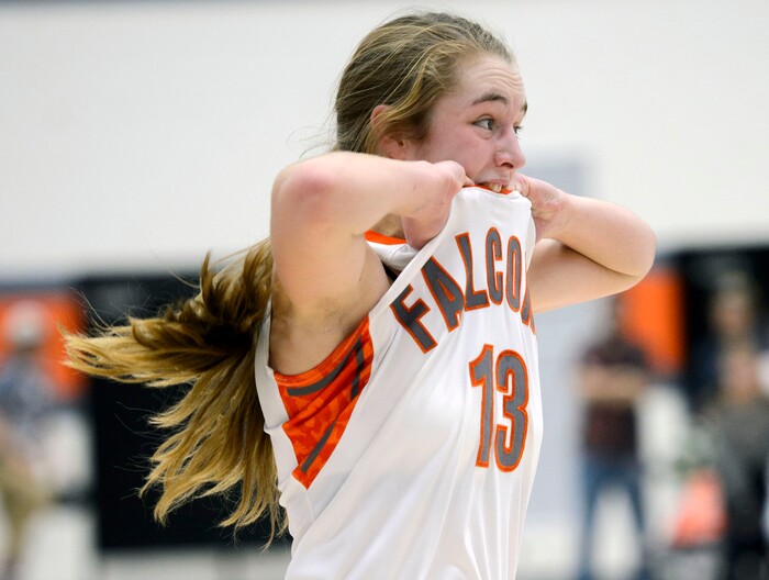 (Steve Griffin  |  The Salt Lake Tribune) Skyridge's Ally Blackham bites her jersey in frustration after being called for a foul during game against Hillcrest at Skyridge High School in Lehi Wednesday December 13, 2017.