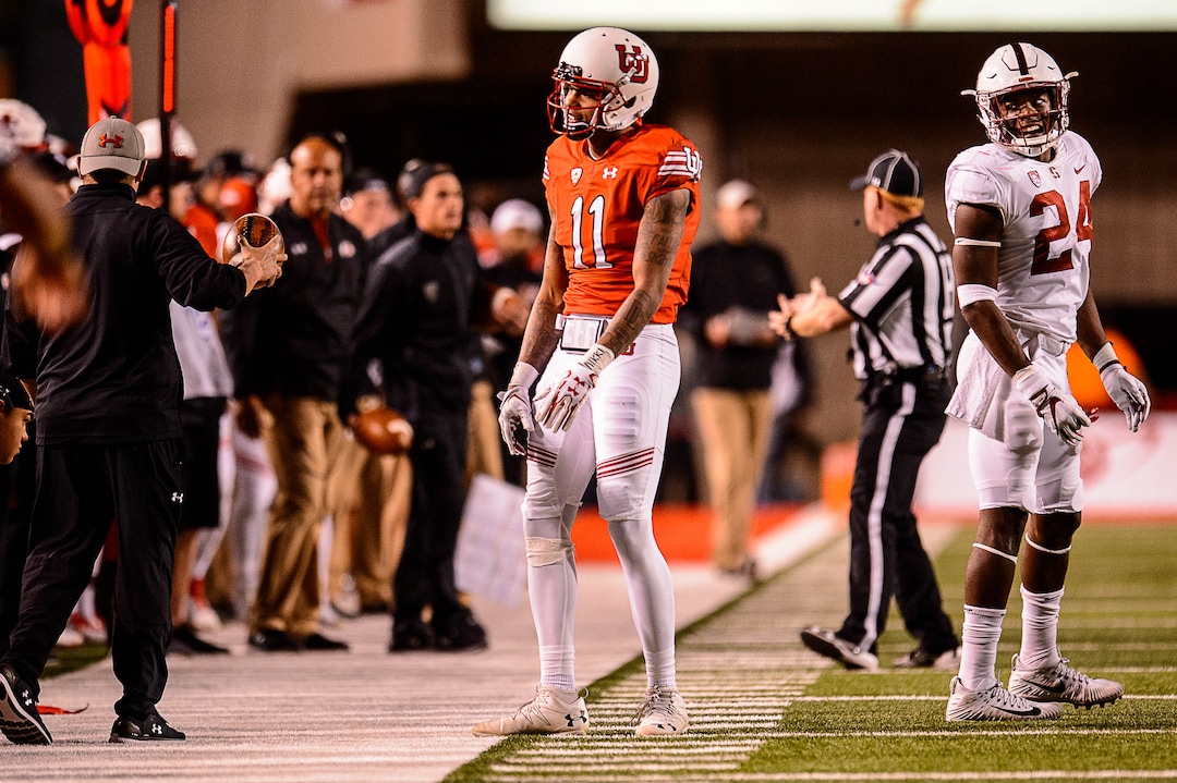 (Trent Nelson | The Salt Lake Tribune)  Utah Utes wide receiver Raelon Singleton (11) reacts after a pass went through his fingers as the University of Utah hosts Stanford, NCAA football at Rice-Eccles Stadium in Salt Lake City Saturday October 7, 2017. At right is Stanford Cardinal cornerback Quenton Meeks (24).