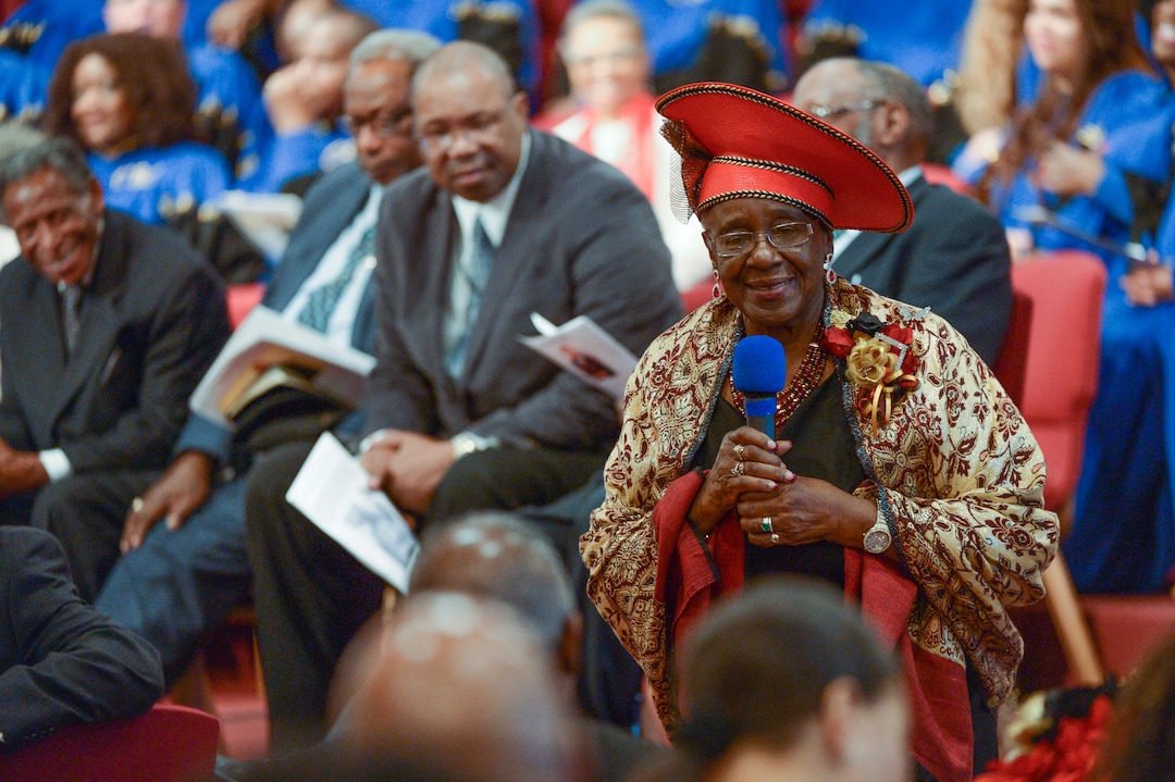 (Leah Hogsten  |  The Salt Lake Tribune) l-r Members of Calvary Baptist Church laugh with Willene Davis as she pays tribute to her husband Rev. France A. Davis during Sunday's celebration of Davis' 44th anniversary as pastor, April 22, 2018. 