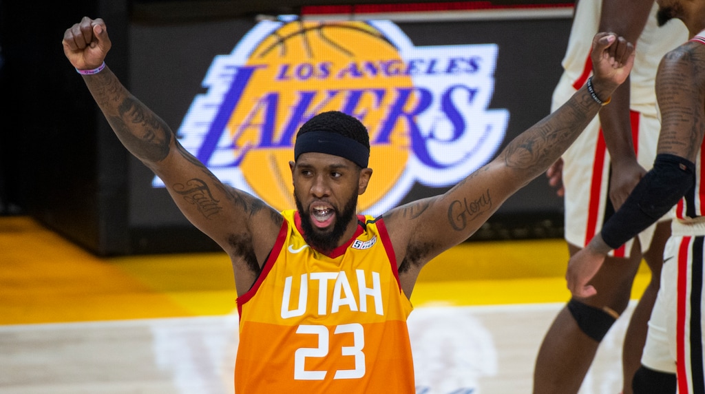 (Rick Egan  |  The Salt Lake Tribune)     Utah Jazz forward Royce O'Neale (23) celebrates the Jazz 117-114 win at the buzzer, in NBA action between the Utah Jazz and the Portland Trail Blazers in Salt Lake City, Friday, Feb. 7, 2020.