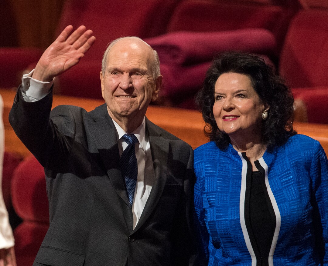 (Rick Egan  |  The Salt Lake Tribune)         President Russell M. Nelson and his wife Wendy, wave as they leave the Saturday morning session of the188th Annual General Conference in Salt Lake City,  Saturday, March 31, 2018.