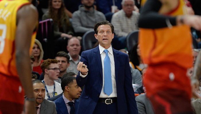 (Francisco Kjolseth  |  The Salt Lake Tribune)   Utah Jazz head coach Quin Snyde yells out to his team as they take on the Thunder in the NBA game at Vivint Smart Home Arena Sat., Dec. 22, 2018, in Salt Lake City.