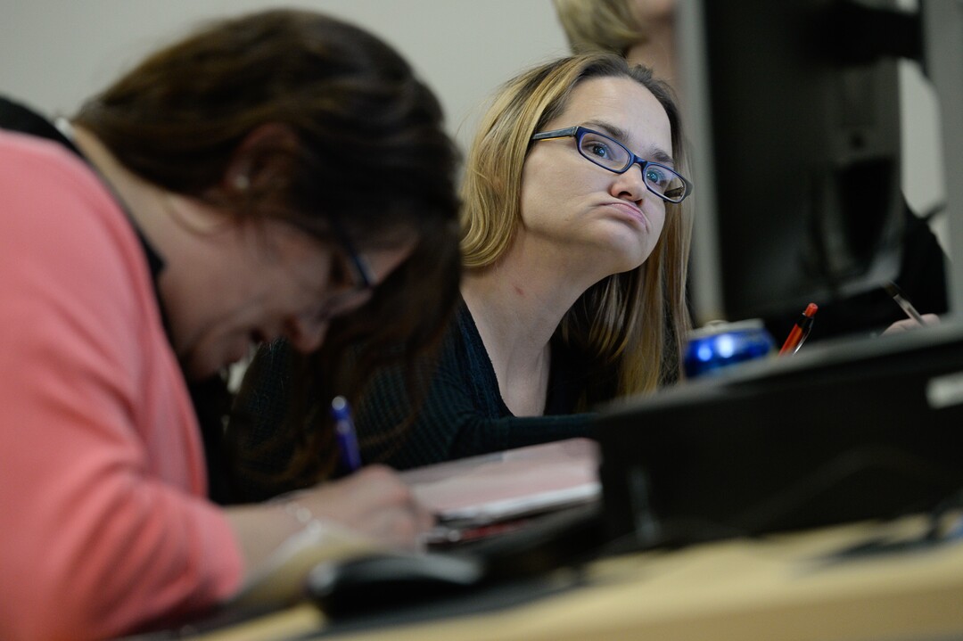 (Francisco Kjolseth  |  The Salt Lake Tribune)  Barbie Blood focuses on the days assignment as she joins other single mothers participate in the Invest in You Too program, a 13-week course that helps single mothers build skills in medical manufacturing and job readiness to open the doors for employment.