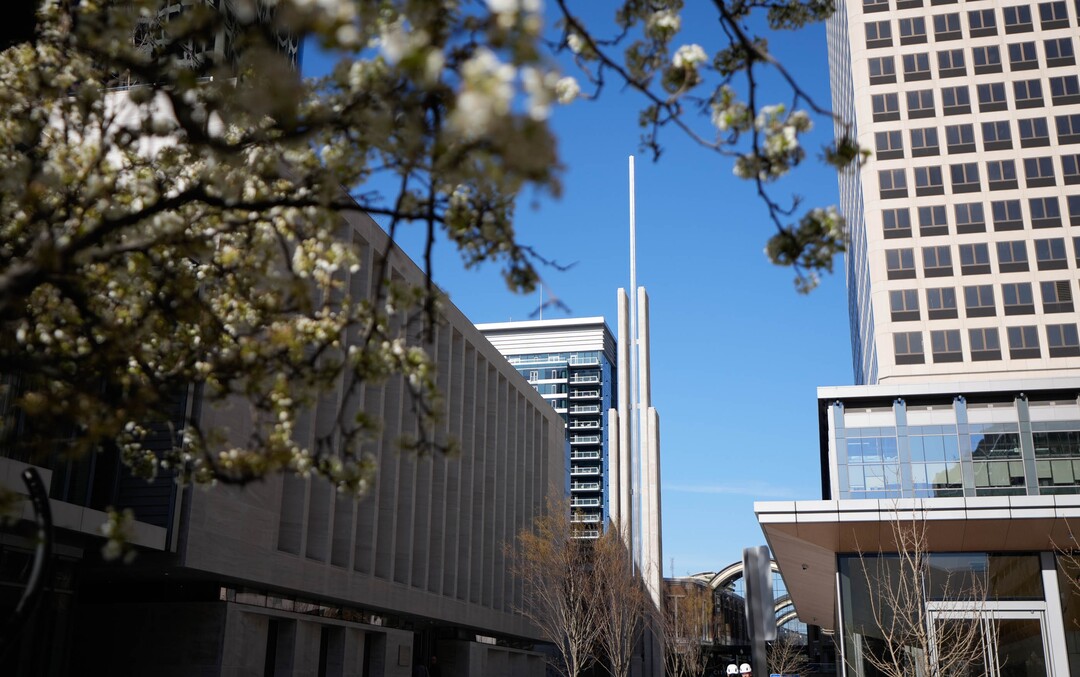 (Francisco Kjolseth | The Salt Lake Tribune) A steeple rises in downtown Salt Lake City at 95 State, the new meetinghouse of The Church of Jesus Christ of Latter-day Saints as seen on Friday, April 8, 2022. 