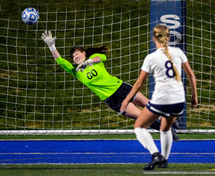 (Steve Griffin | The Salt Lake Tribune) Timpview goalkeeper Marren Nielsen can't reach a penalty kick by Timpanogos midfielder Megan Unbedacht during a shootout in the 5A semifinal girl's soccer match against at Juan Diego High School in Draper Tuesday October 17, 2017. Timpanogos won advancing to the finals.