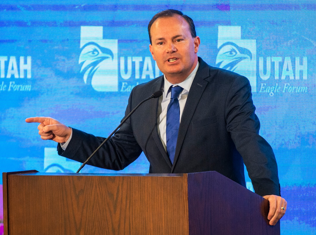 (Rick Egan  |  The Salt Lake Tribune)     Sen. Mike Lee shares his feelings about the Iran military briefing while speaking at the Utah Eagle Forum Convention, in Sandy, Saturday, Jan. 11, 2020.