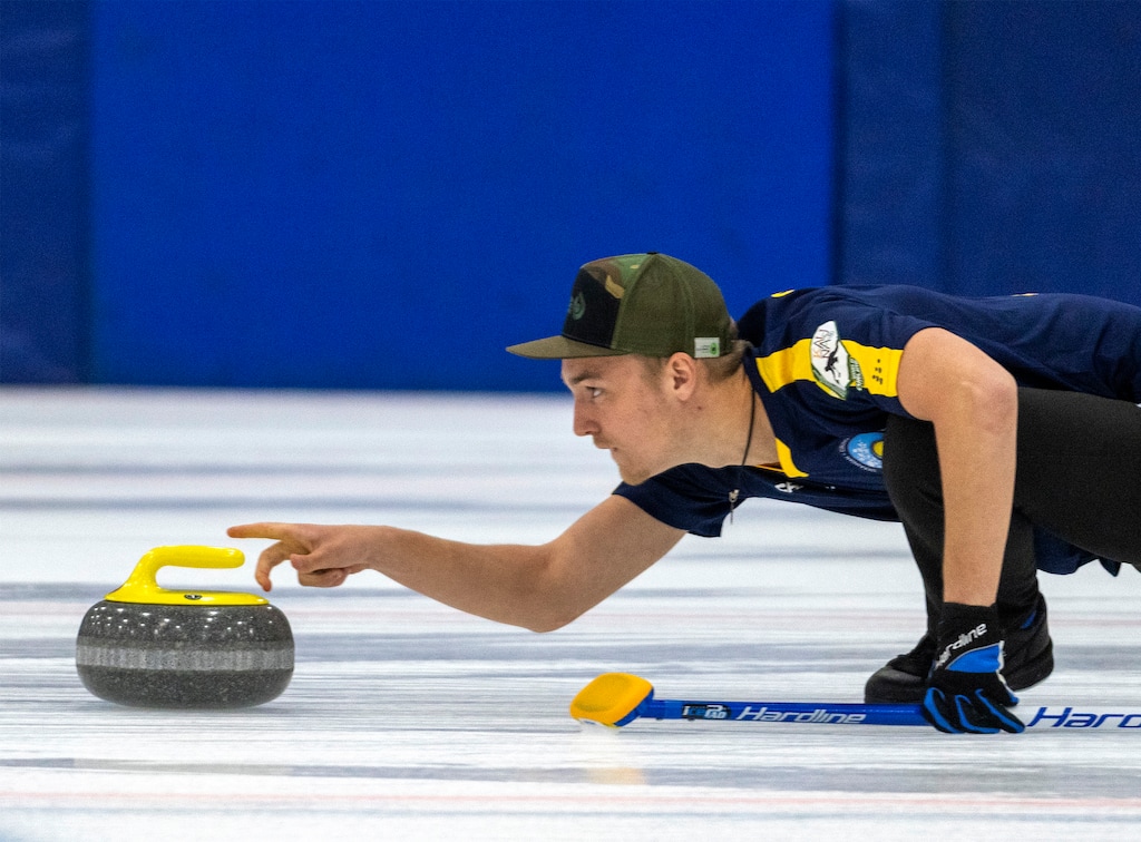 (Rick Egan | The Salt Lake Tribune) Yaroslav Shchur practices with the Ukraine curling team at the Utah Olympic Oval, on Tuesday, May 17, 2022.