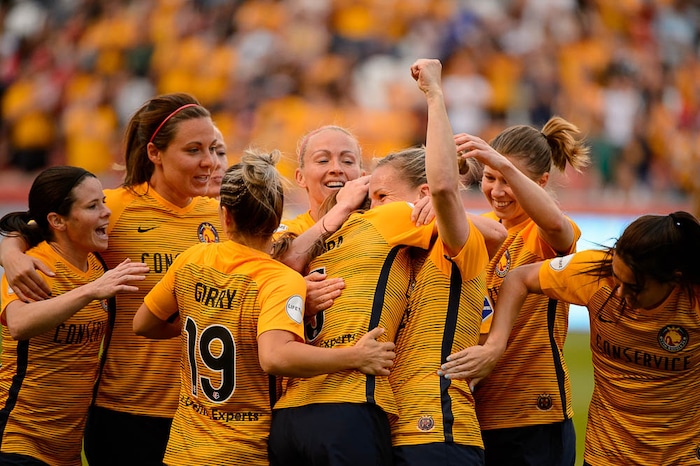 (Trent Nelson | The Salt Lake Tribune)
Utah Royals vs. Washington Spirit, soccer at Rio Tinto Stadium in Sandy, Saturday May 5, 2018. Royals players celebrate a goal by Utah Royals FC defender Kelley O'Hara (5).