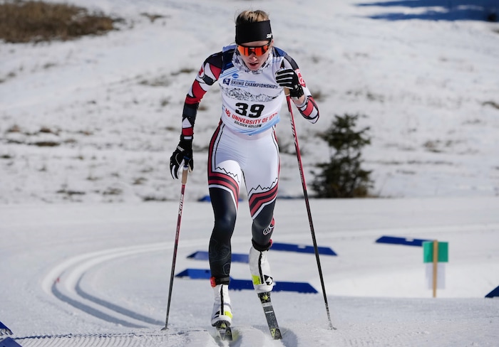 (Francisco Kjolseth | The Salt Lake Tribune) Novie McCabe  of the University of Utah races to a first place finish as she competes in the women’s 5K classic in the NCAA Skiing Championships held at the Soldier Hollow Nordic Center on Thursday, March 10, 2022 in Midway, Utah.