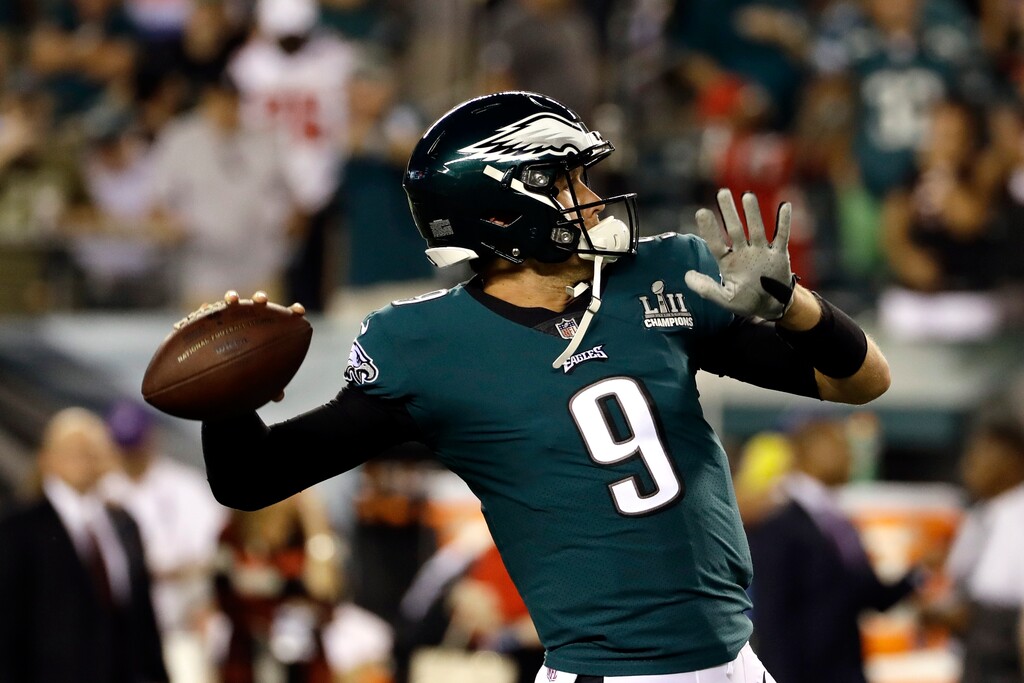 Philadelphia Eagles' Nick Foles warms up before an NFL football game against the Atlanta Falcons, Thursday, Sept. 6, 2018, in Philadelphia. (AP Photo/Michael Perez)