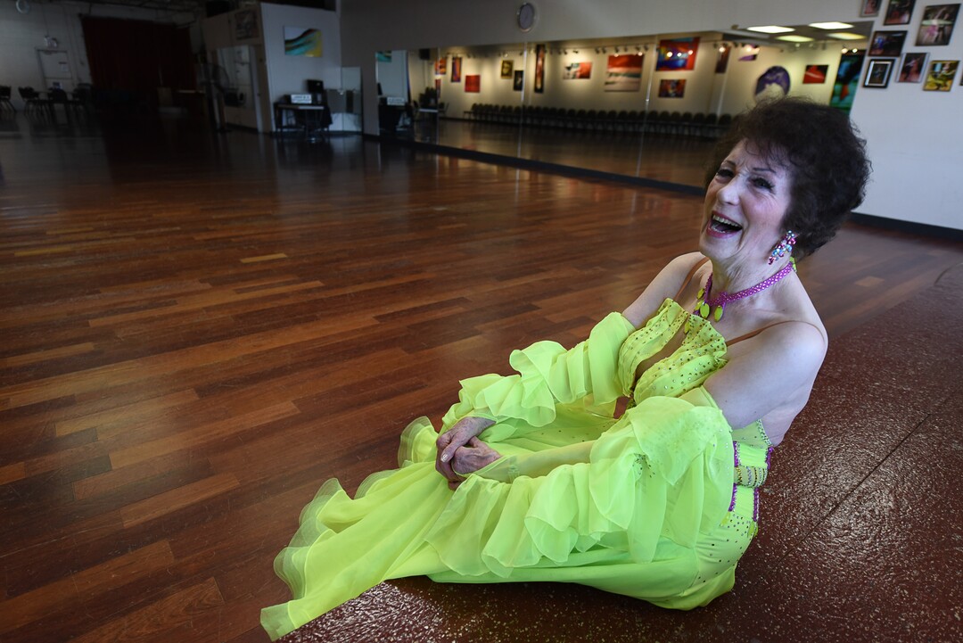 (Francisco Kjolseth  |  The Salt Lake Tribune)  Jean Woodruff, a 92-year-old who loves ballroom dancing recounts a funny moment during a recent dance as she takes a brief break from dancing. Jean danced for years with her husband, and the couple taught lessons in a dance studio in their Holladay home. She stopped dancing after he had a stroke, and then died. Several years ago, she started dancing again, and now competes regularly.
