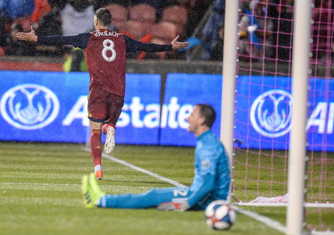 (Francisco Kjolseth  |  The Salt Lake Tribune)  Real Salt Lake midfielder Damir Kreilach (8) celebrates his goal over Portland Timbers goalkeeper Steve Clark (12) in the first half as Real Salt Lake and the Portland Timbers play in their first MLS playoff game at Rio Tinto Stadium in Sandy, Utah on Saturday, Oct. 19, 2019.