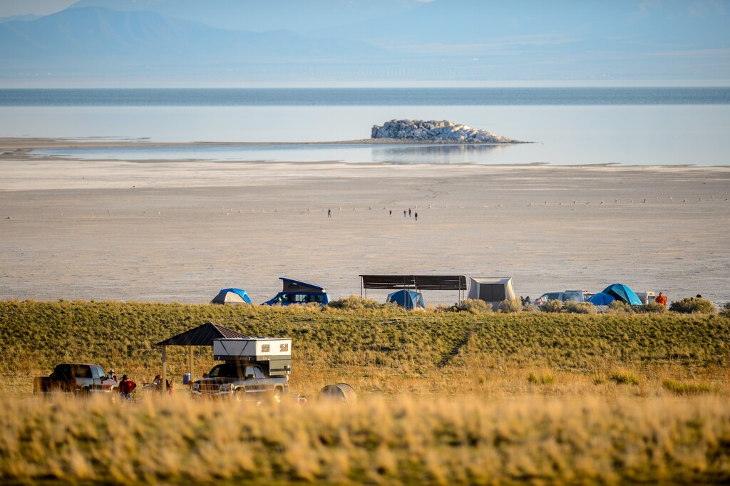 (Trent Nelson  |  The Salt Lake Tribune) Campers at the White Rock Bay Campground of Antelope Island State Park on Friday, April 23, 2021.