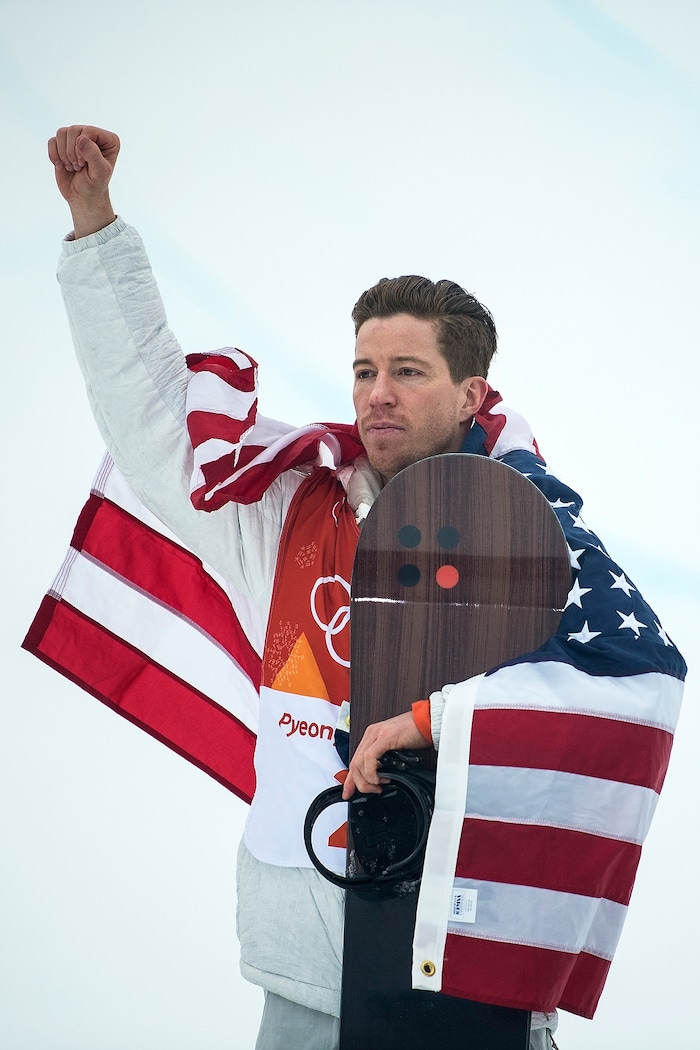 (Chris Detrick  |  The Salt Lake Tribune)  Shaun White celebrates winning gold after his run during the men's halfpipe finals at Phoenix Snow Park during the Pyeongchang 2018 Winter Olympics Wednesday, Feb. 14, 2018.  White won the event with a 97.75, his third Olympic gold medal in the halfpipe (2006, 2010, 2018).