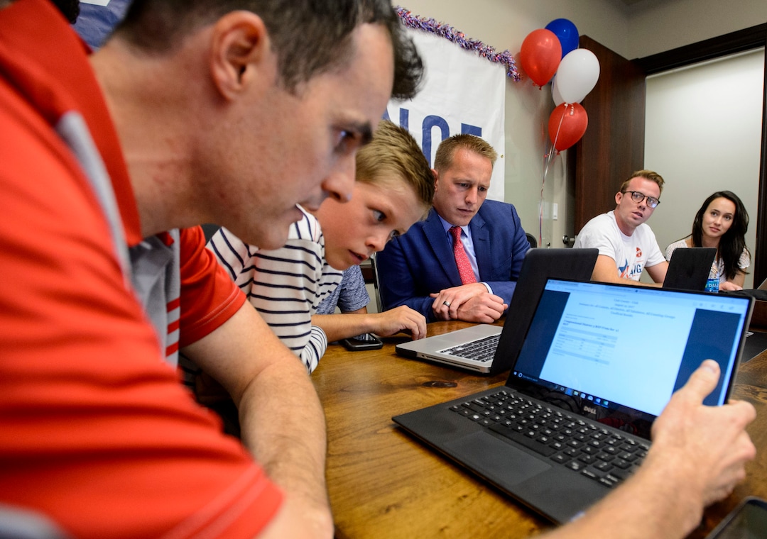 (Steve Griffin  |  The Salt Lake Tribune)  3rd Congressional District candidateTanner Ainge watches early voting results come in from his election night headquarters in Orem Tuesday August 15, 2017.
