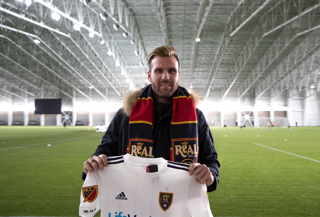 (Photo courtesy of RSL) Alfredo Ortuño poses with his new Real Salt Lake jersey and scarf before his first training session with the team at Zions Bank Real Academy on Wednesday, Jan. 24, 2018.