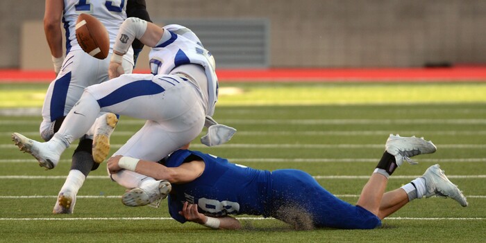 Steve Griffin / The Salt Lake Tribune
Bingham's Cole Moody hits Fremont's Austin Freeman causing him to fumble the ball during the 5A semifinal football game at Rice-Eccles Stadium on the University of Utah campus in Salt Lake City Thursday November 10, 2016.