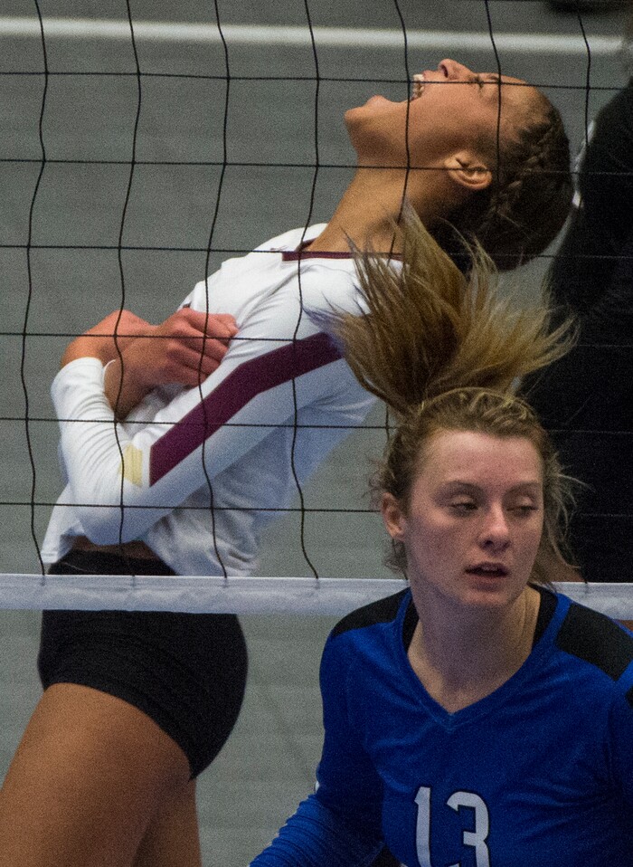 (Rick Egan  |  The Salt Lake Tribune)   Lone Peak Knights  Tasia Farmer (6),  reacts after scoring a point, in  6A volleyball championship action, Pleasant Grove vs. Lone Peak, at Utah Valley University, Saturday, November 4, 2017.