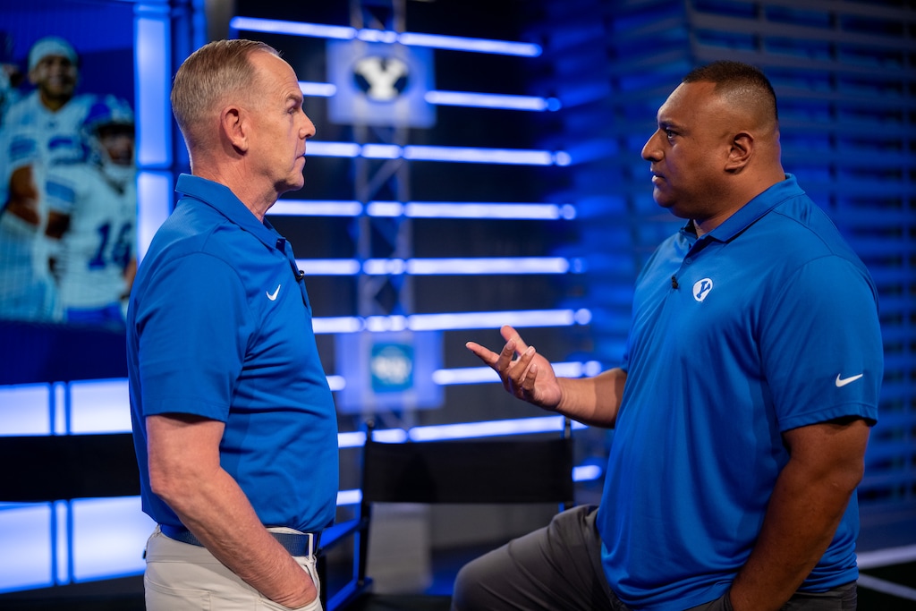 (Trent Nelson  |  The Salt Lake Tribune) Tom Holmoe and Kalani Sitake at BYU football media day in Provo on Wednesday, June 22, 2022.