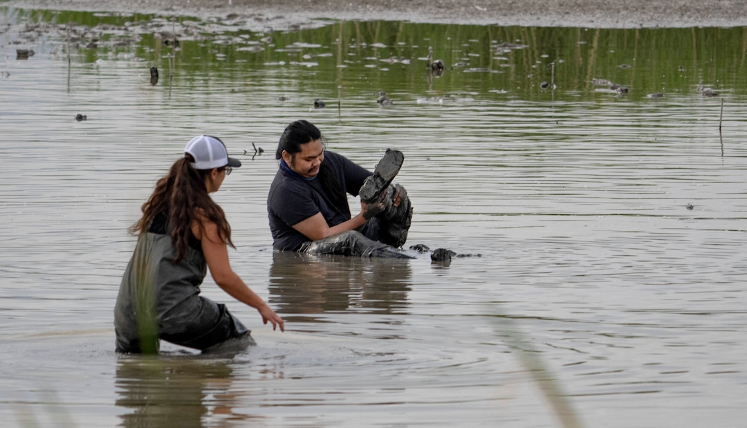 (Francisco Kjolseth | The Salt Lake Tribune) Undergraduate students at Westminster College Paulina Martinez and Alvin Sihapanya encounter challenging walking conditions as they help place dozens of traps in an effort to tag American white pelicans for a study on the declining waters of the Great Salt Lake and how it is affecting the pelican’s breeding grounds on Wednesday, June 23, 2021.