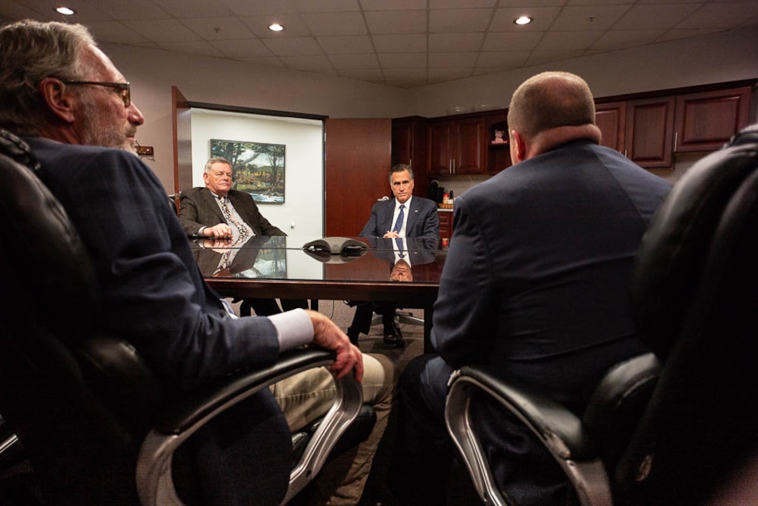 (Trent Nelson | The Salt Lake Tribune)Senator Mitt Romney meets with Weber County Comissioners in Ogden to discuss the ongoing government shutdown on Friday Jan. 18, 2019. From left, Commissioner Gage Froerer, Commissioner Scott Jenkins, Romney, and Commissioner James Harvey.