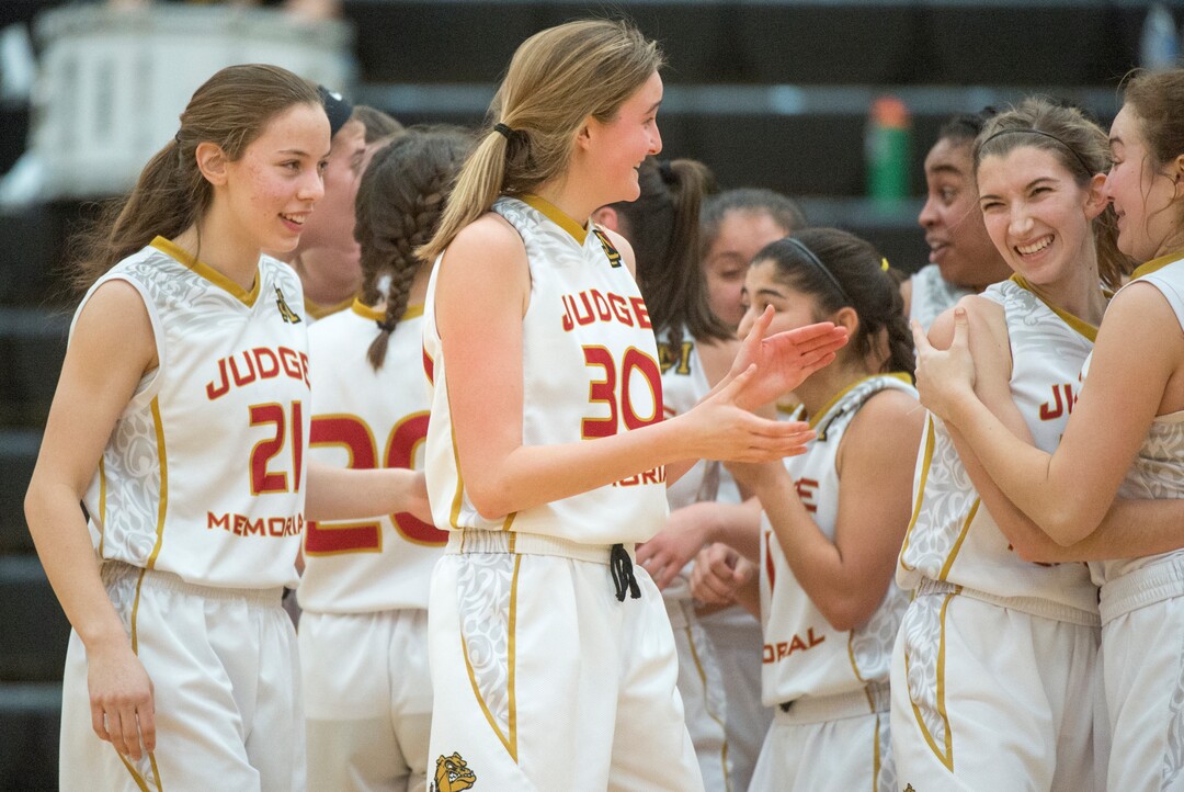 (Rick Egan  |  The Salt Lake Tribune)   THe Judge Memorial Bulldogs celebrate their win over San Juan, in 3A Women's basketball State playoff action Judge Memorial vs. San Juan, in Heber City, Friday, Feb. 16, 2018.