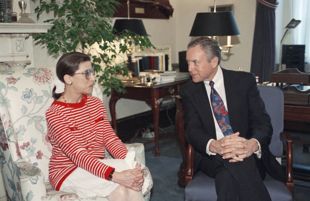 (Marcy Nighswander  |  AP Photo)  Federal Appeals Judge Ruth Bader Ginsburg meets with Sen. Orrin Hatch, R-Utah, ranking Republican of the Senate Judiciary Committee, on Tuesday, June 15, 1993 on Capitol Hill.   The judge went to Capitol Hill Tuesday to pay a courtesy call on the senators who will vote on her nomination.  Ginsburg is President Bill Clinton's choice to fill the vacant Supreme Court seat of Byron White.