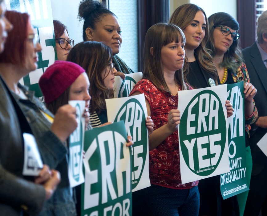 (Steve Griffin | Tribune file photo) ERA supporters stand behind then-state Sen. Jim Dabakis, D-Salt Lake City, as he reintroduces resolution to ratify the Equal Rights Amendments during a press conference at the State Capitol in Salt Lake City Monday February 6, 2017.