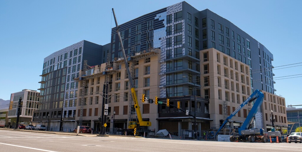 (Leah Hogsten | The Salt Lake Tribune) The Exchange is a high-profile $124.3 million transit-oriented development on 400 South with three new interconnected buildings: Mya, a mixed-income apartment complex; The Shop, with work-live spaces; and Avia, a luxury apartment complex.