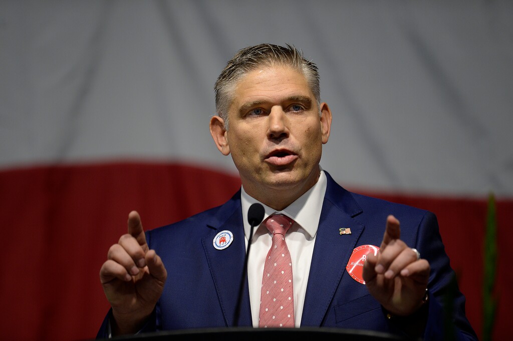 Scott Sommerdorf | The Salt Lake Tribune
Rob Anderson gives his speech before the first vote for chairman at the Utah Republican Party Organizing Convention, Saturday, May 19, 2017. He was elected in the second round of voting over Phill Wright.
