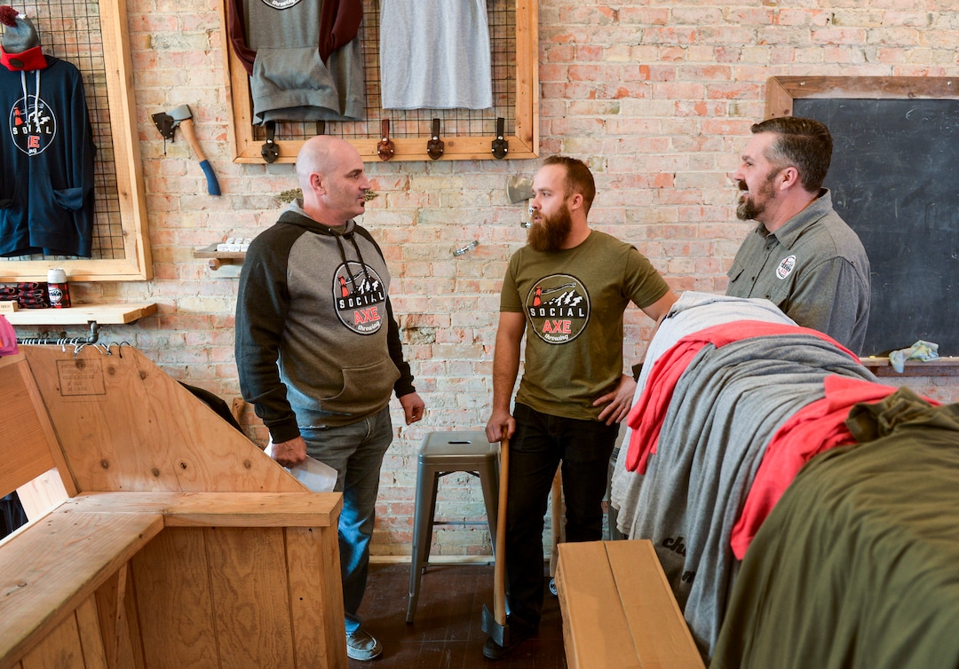 (Leah Hogsten  |  The Salt Lake Tribune)  Social Axe Throwing owners and partners Steve Lister, left, Brayden Floyd and Mark Floyd. Ogden's Social Axe Throwing has been in operation since April 2017 and the trio hope to open their Salt Lake City establishment in February. Ax throwing originated in Canada around 2011 and has now spread across the United States.