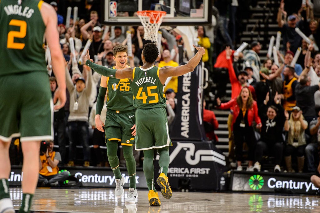 (Trent Nelson | The Salt Lake Tribune)  Utah Jazz guard Kyle Korver (26) and Utah Jazz guard Donovan Mitchell (45) celebrate a score putting the Jazz ahead 111-108 in the final minute of the fourth quarter as the Utah Jazz host the Milwaukee Bucks, NBA basketball in Salt Lake City on Saturday March 2, 2019.