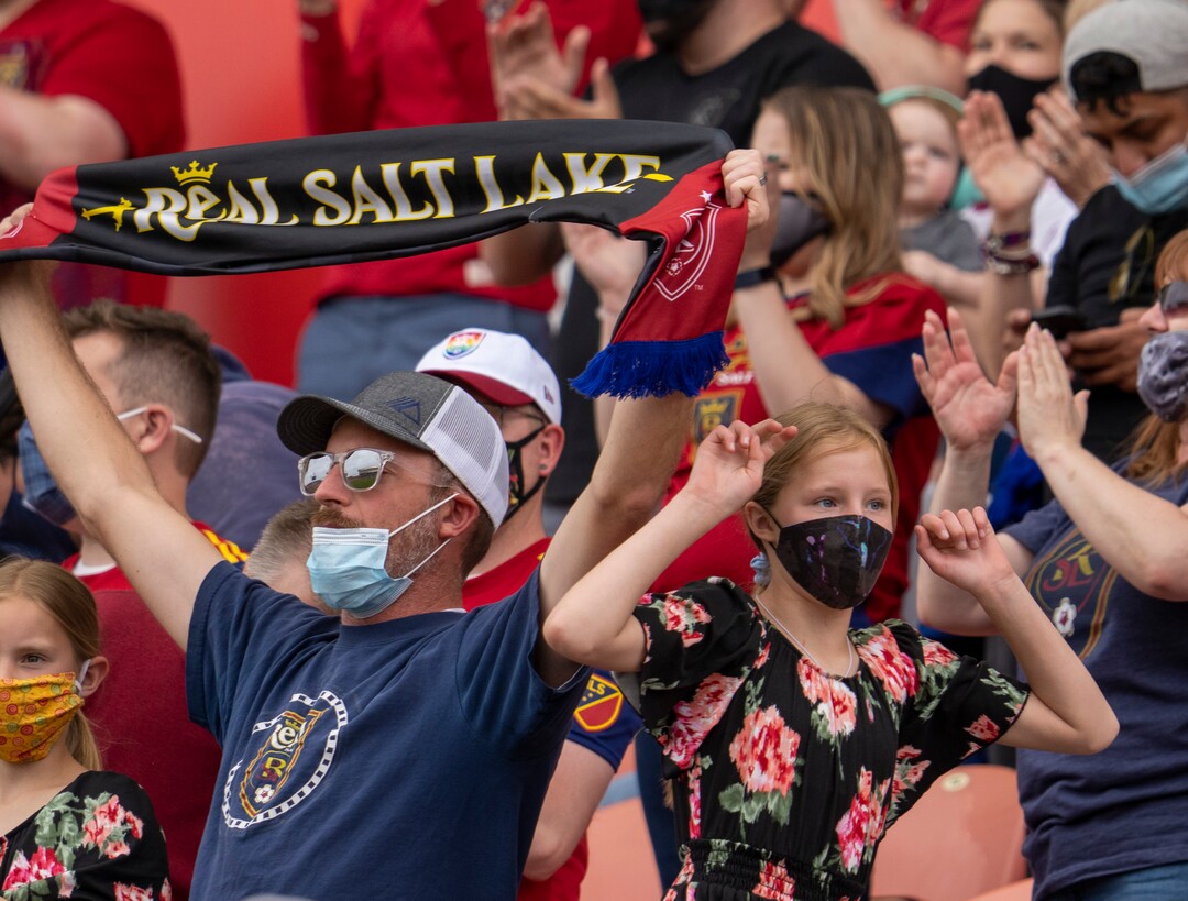 (Rick Egan | The Salt Lake Tribune) Real Salt Lake fans celebrate a goal by Real Salt Lake forward Rubio Rubin (14), in MLS action between Real Salt Lake and Sporting Kansas City at Rio Tinto Stadium, on Saturday, May 1, 2021.
