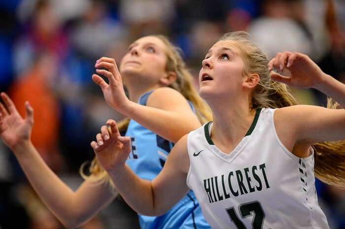 (Trent Nelson | The Salt Lake Tribune)  Westlake's Jillian Vance (20) and Hillcrest's Cara Snowder (12) as Hillcrest faces Westlake in the 6A High School Girls' Basketball Tournament at SLCC in Taylorsville, Thursday Feb. 22, 2018.