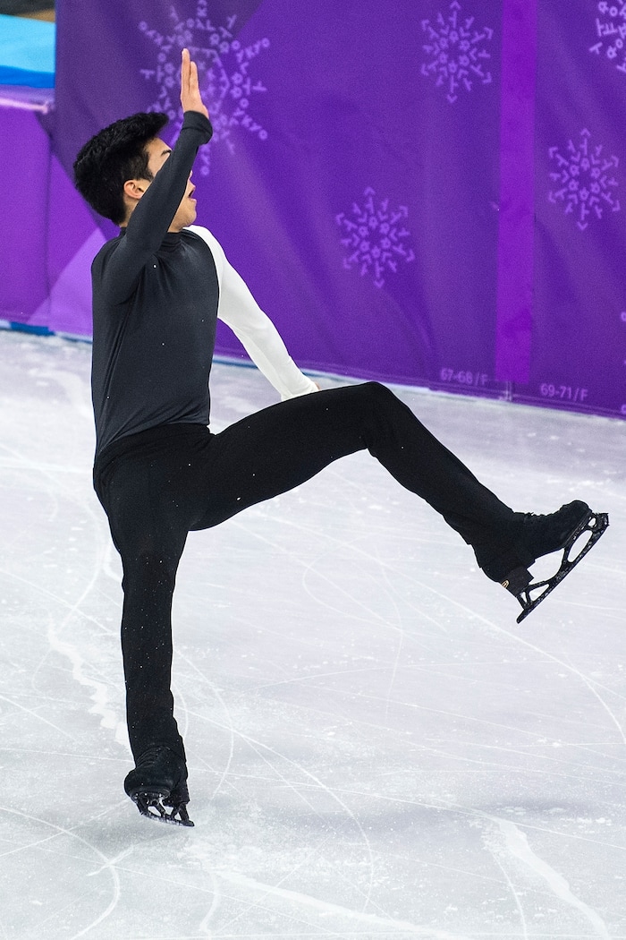 (Chris Detrick  |  The Salt Lake Tribune)  Salt Lake City's Nathan Chen falls while competing in the Men Single Skating Short Program at Gangneung Ice Arena during the Pyeongchang 2018 Winter Olympics Friday, Feb. 16, 2018. Chen finished with a score of 82.27.