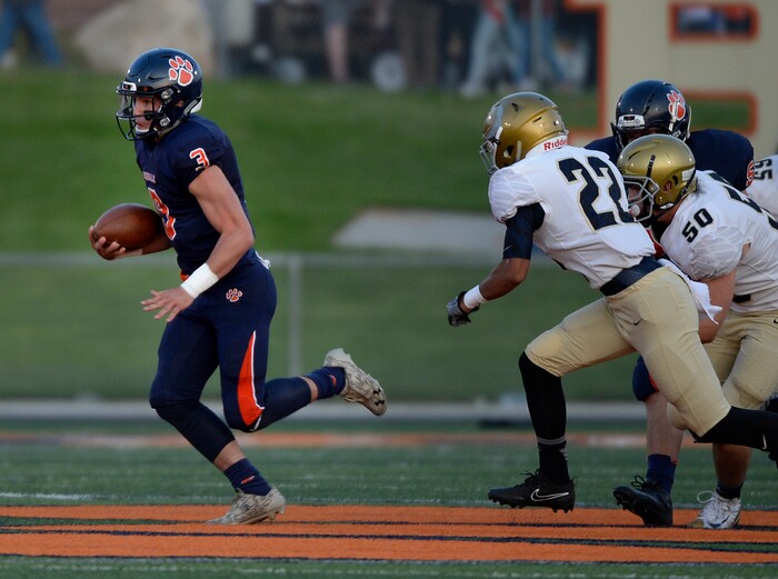 (Scott Sommerdorf   |  The Salt Lake Tribune)   
Brighton QB Alexander Zettler runs during first half play. Earlier he had a 63 yard TD scamper to give the Bengals an early 7-0 lead. Skyline held a 14-10 lead at the half over Brighton, Friday, September 15, 2017.