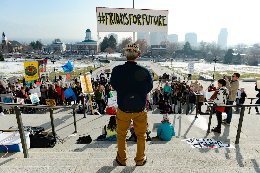 (Francisco Kjolseth  |  The Salt Lake Tribune)  Kevin Leecaster with Fridays For Future, Utah Youth Environmental Solutions, and other partners strike for climate action and in opposition to UtahÕs final oil and gas lease sale of 2019 that will auction off public lands and further fossil fuel development during a rally on the steps of the Utah Capitol on Friday, Dec. 6, 2019.
