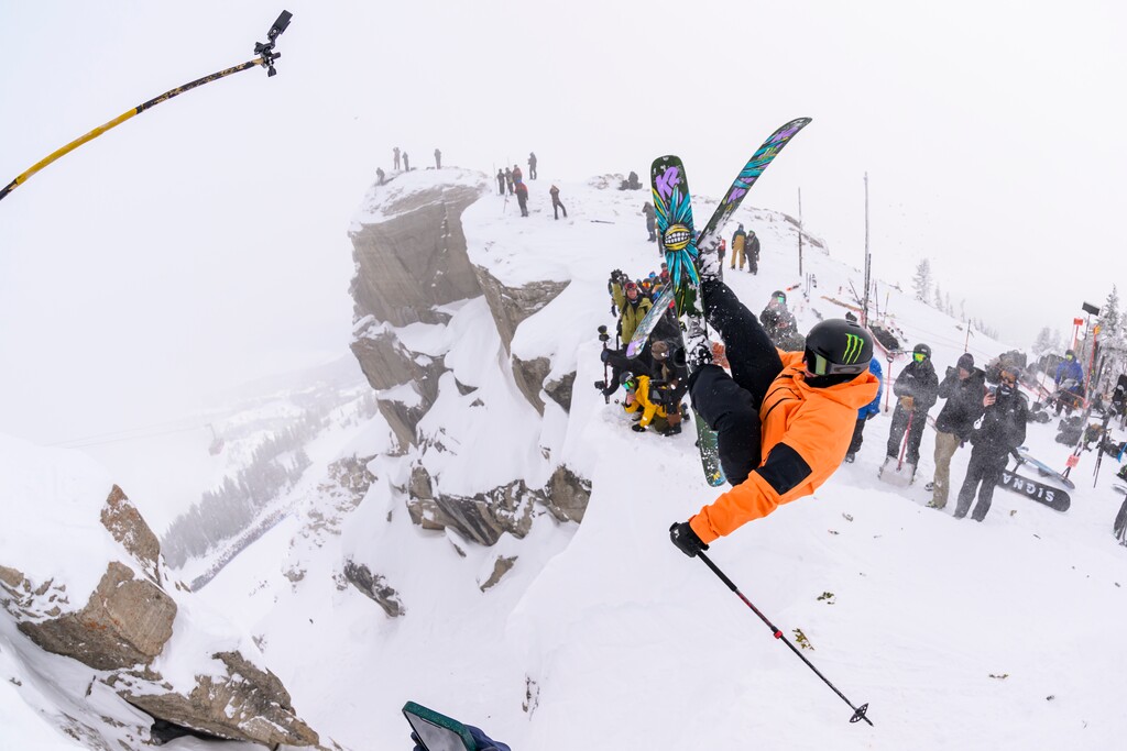 (Brett Wilhelm | Red Bull Content Pool) Park City's Colby Stevenson, the 2022 Olympic silver medalist in big air skiing, begins his twisting backflip into the chute at Kings and Queens of Corbet’s at Jackson Hole Mountain Resort in Jackson, Wyo., on Feb. 7, 2023.