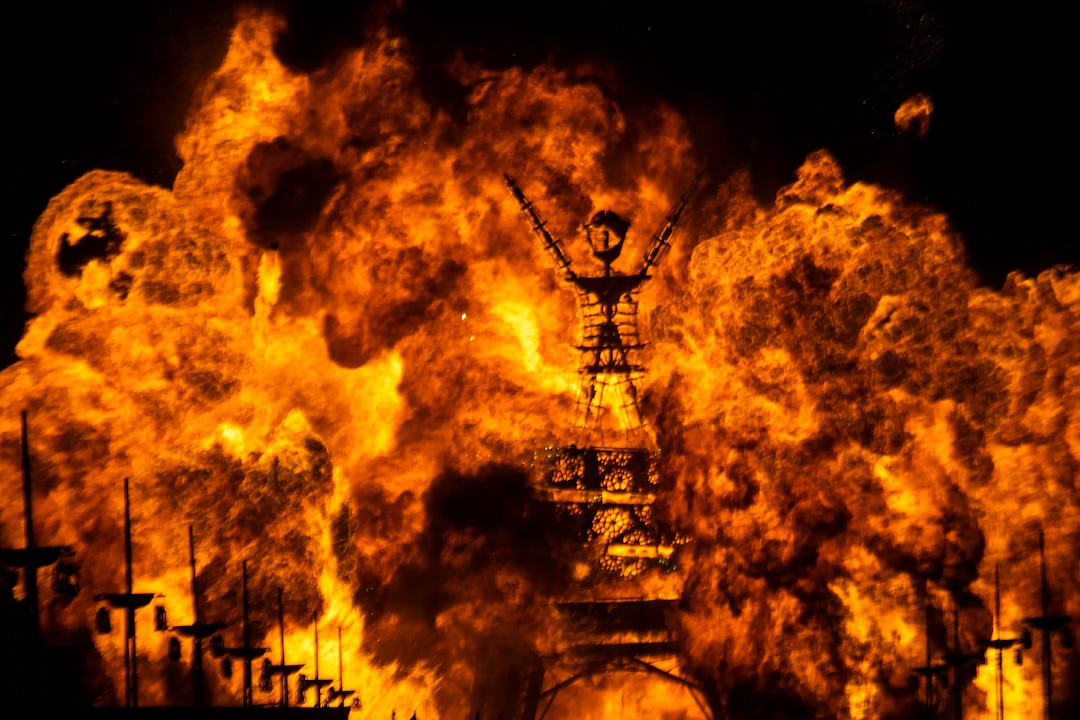 (Rick Egan  |  The Salt Lake Tribune)   The Man goes up in an explosion of flames Saturday night, at Burning Man, in the Black Rock Desert, near Gerlach, Nevada. Saturday, Aug. 31, 2019.