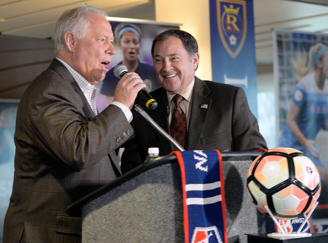 (Al Hartmann  |  The Salt Lake Tribune) 	Real Salt Lake owner Dell Loy Hansen announces that the National Women's Soccer League (NWSL) will field a team in Utah for the 2018 season. He was joined by Utah Gov. Gary Herbert, right. 