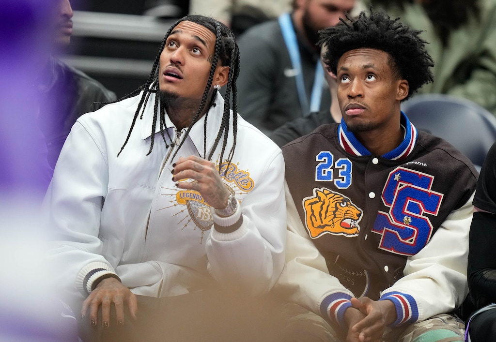 (Francisco Kjolseth | The Salt Lake Tribune) Utah Jazz guard Jordan Clarkson (00) and Utah Jazz guard Collin Sexton (2) on the sidelines as the Utah Jazz host the Charlotte Hornets during an NBA basketball game, Wednesday, Jan. 15, 2025, in Salt Lake City.