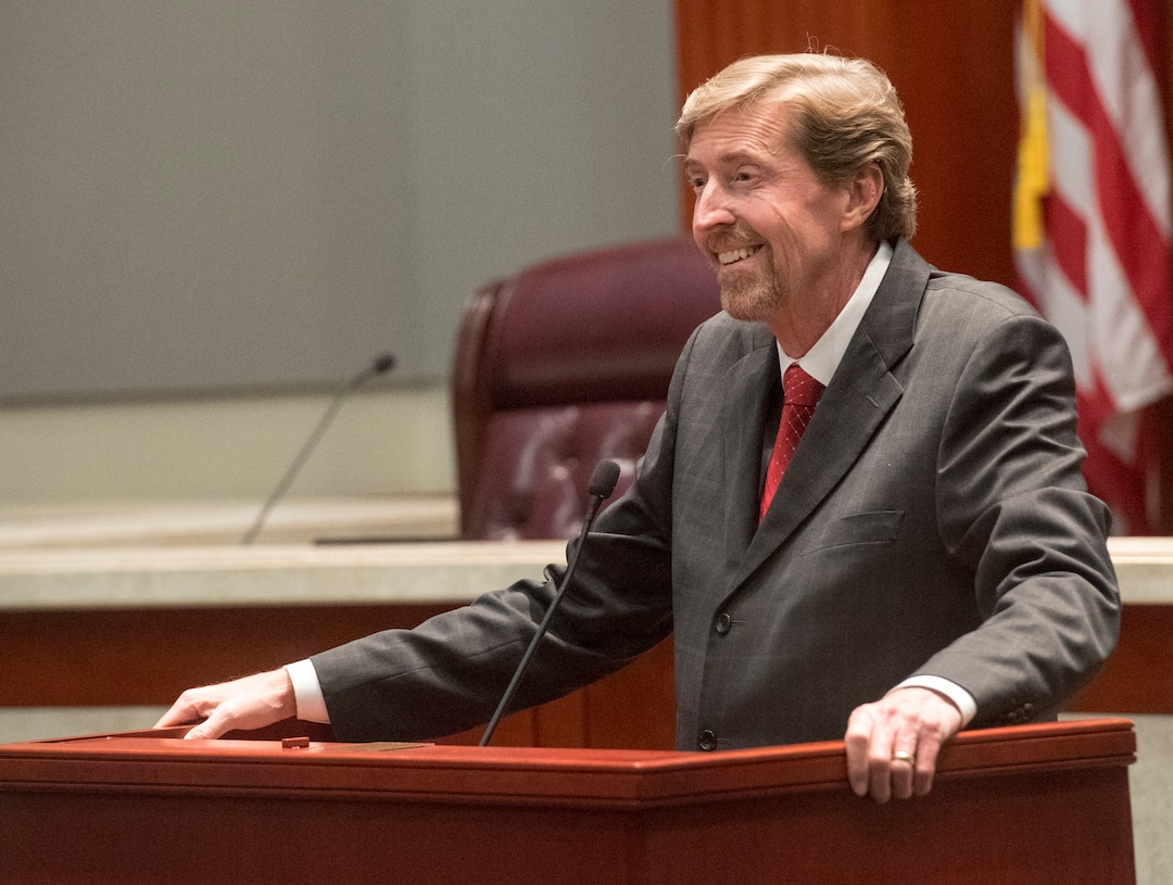 (Rick Egan  |  The Salt Lake Tribune)  Chief Justice Mathew B. Durrant speaks in honor of  the retirement of Justice Christine M. Durham at the Matheson Courthouse, Monday, November 13, 2017.