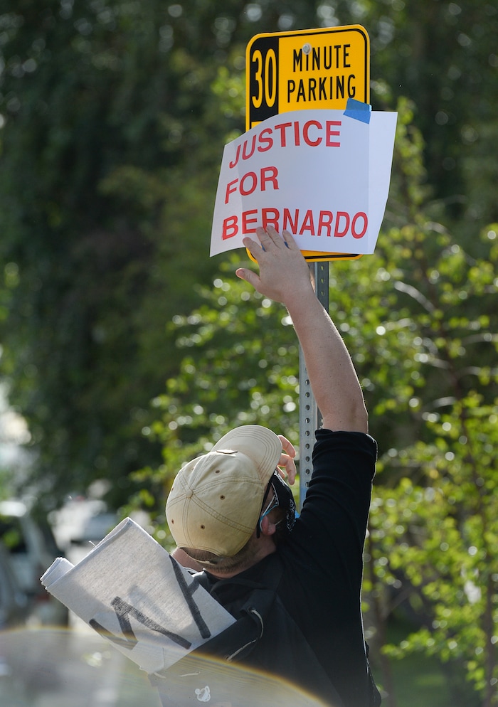 (Francisco Kjolseth  |  The Salt Lake Tribune) Demonstrators gather at the Salt Lake County District Attorney's office for a Justice for Bernardo Palacios Rally, on Thursday, June 18, 2020.