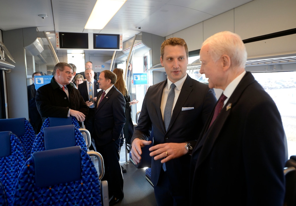 (Al Hartmann  |  The Salt Lake Tribune) 	
Martin Ritter, CEO of Stadler U.S shows Utah Sen. Orrin Hatch, right, one of Stadler's new TEXRail trains. The company broke ground for a new Stadler plant at 100 S. 5600 W. in Salt Lake City on Friday, Oct. 13.  Stadler US is an affiliate of a Swiss railcar-manufacturing company. The project has received a tax incentive from the Governor's Office of Economic Development, which anticipates it will result in the creation of dozens of new, high-paying jobs.