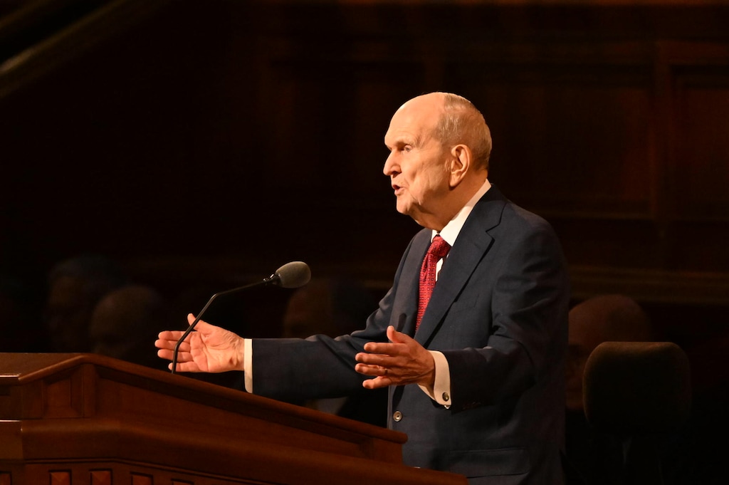 (The Church of Jesus Christ of Latter-day Saints)
President Russell M. Nelson speaks at General Conference on Palm Sunday, April 2, 2023.