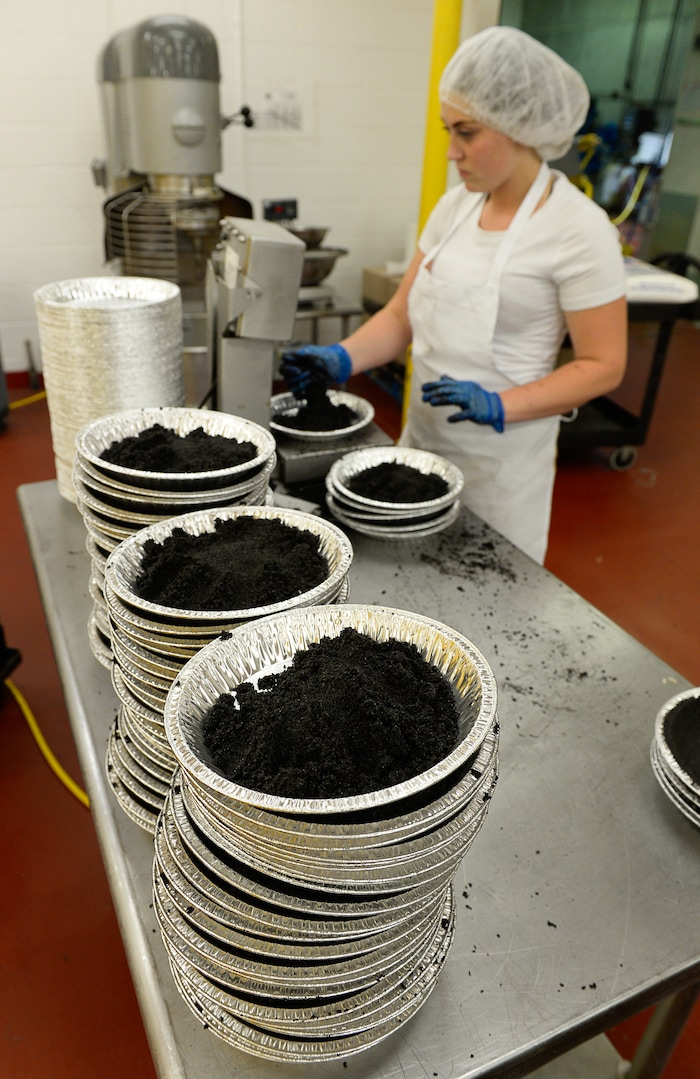 Francisco Kjolseth | The Salt Lake TribuneVictoria Gillespie is precise with her measurements as she assembles hydro chocolate cookie crusts recently at the Rocky Mountain Pie factory in Salt Lake City. 