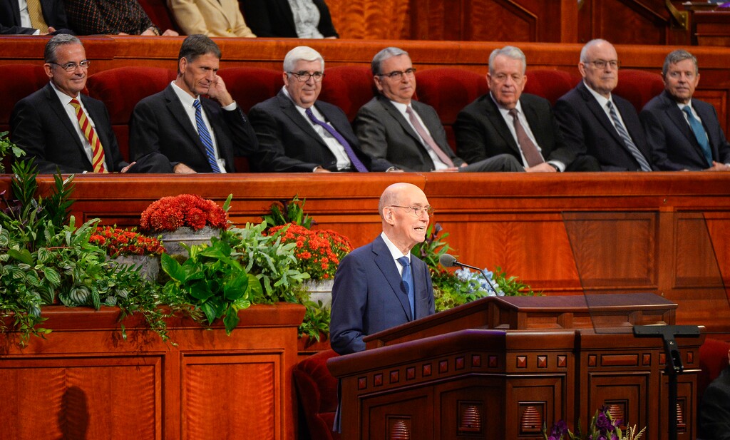 (Chris Samuels | The Salt Lake Tribune) Henry B. Eyring, second counselor in the First Presidency, conducts a session General Conference of The Church of Jesus Christ of Latter-day Saints in Salt Lake City, Saturday, Sept. 30, 2023.