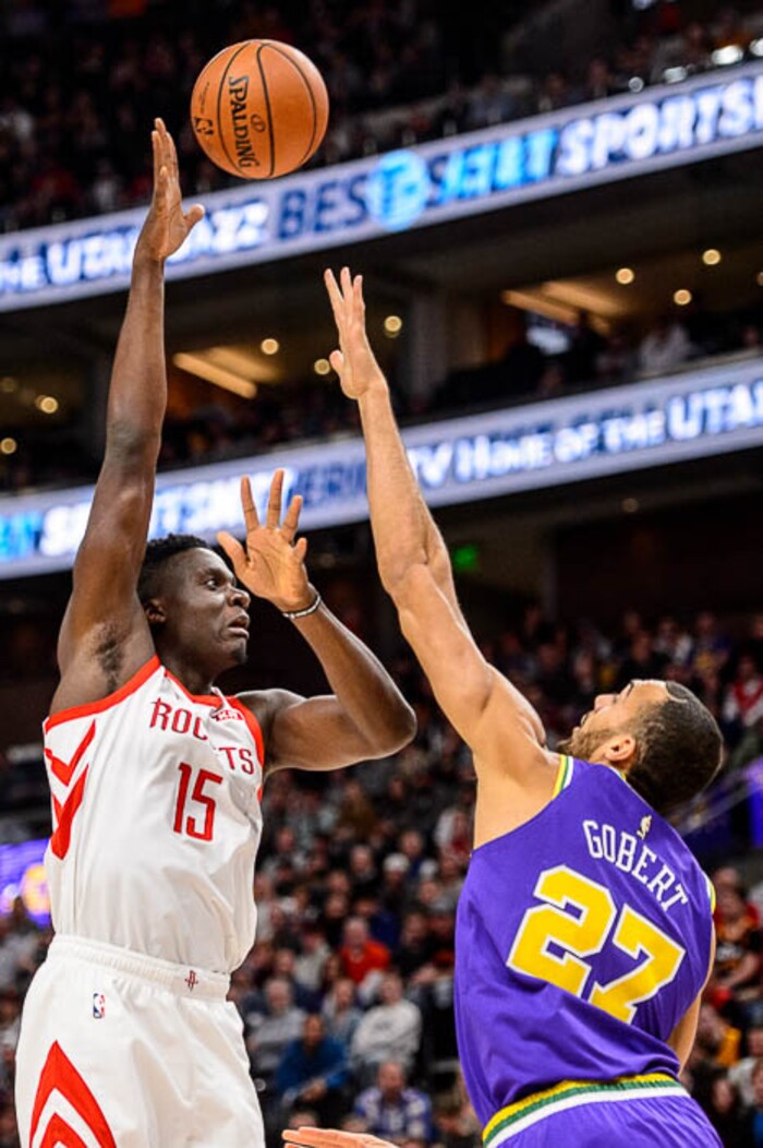 (Trent Nelson | The Salt Lake Tribune)  
Houston Rockets center Clint Capela (15) shoots over Utah Jazz center Rudy Gobert (27). The Utah Jazz host the Houston Rockets, NBA basketball in Salt Lake City on Thursday Dec. 6, 2018.