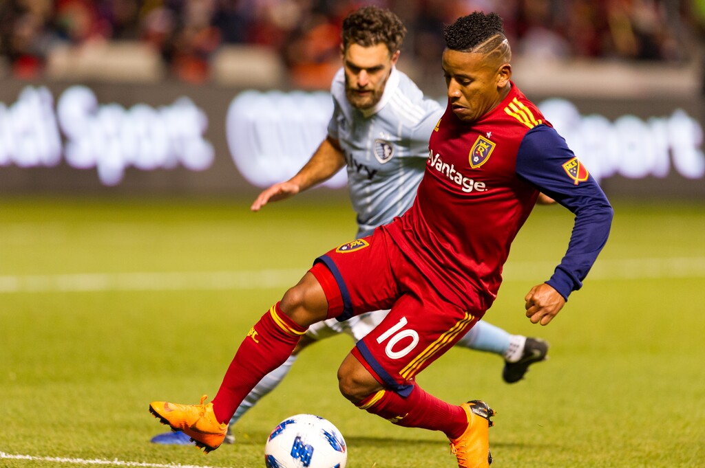 Alex Gallivan  |  Special to the Tribune 

Real Salt Lake forward Joao Plata (10) forwards the ball in the Western Conference semifinals matchup against the Sporting Kansas City Sun Nov 04, 2018